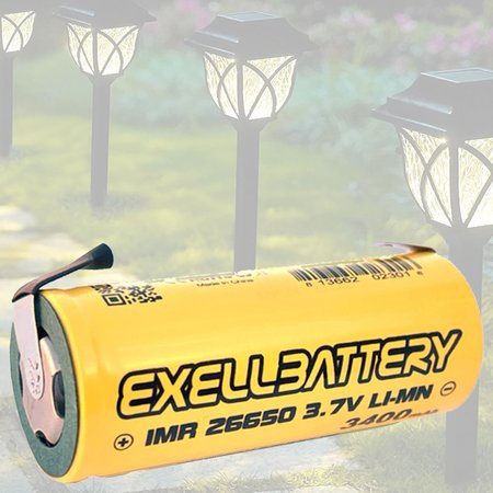EXELL BATTERY 26650 3400mAh Rechargeable SOLAR Battery WITH TABS Fits Path / Garden Lights EBLI-26650HP34-WT_SOLAR